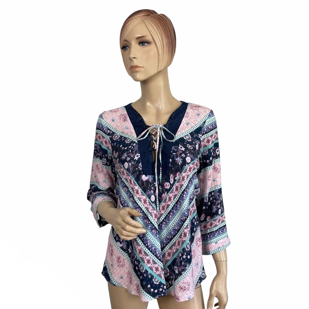 ELA Boho Floral Chevron Lace Up Peasant Blouse Top Large